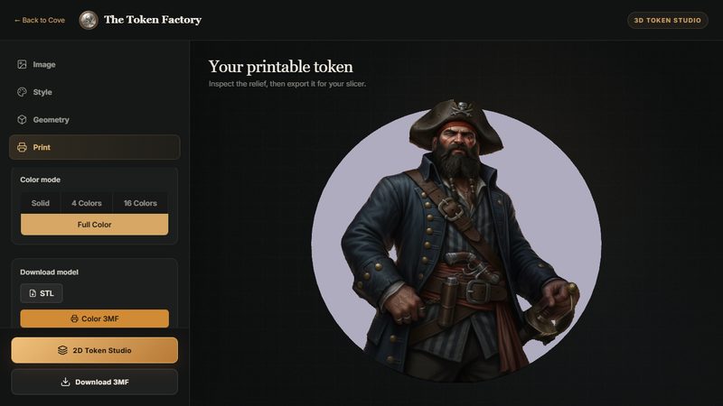 The Token Factory 3D workspace showing a full-color pirate character token